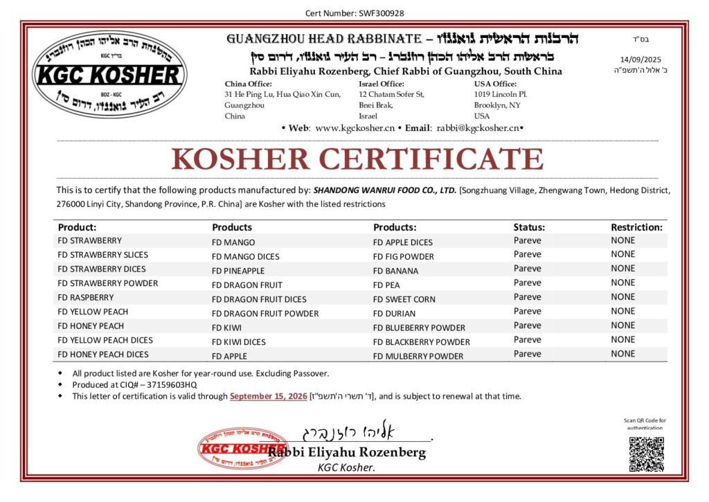 GlobalCrispy kosher certificate for food products