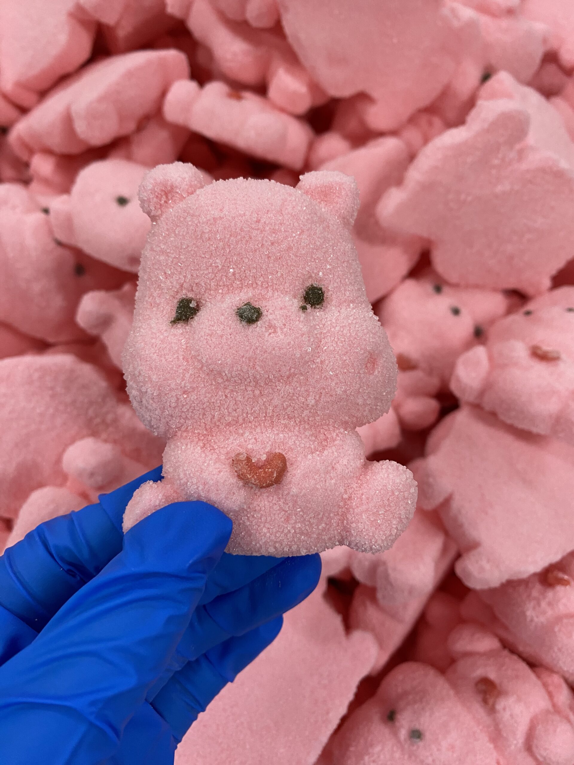 Pink freeze-dried shaped candy for private-label retail packs